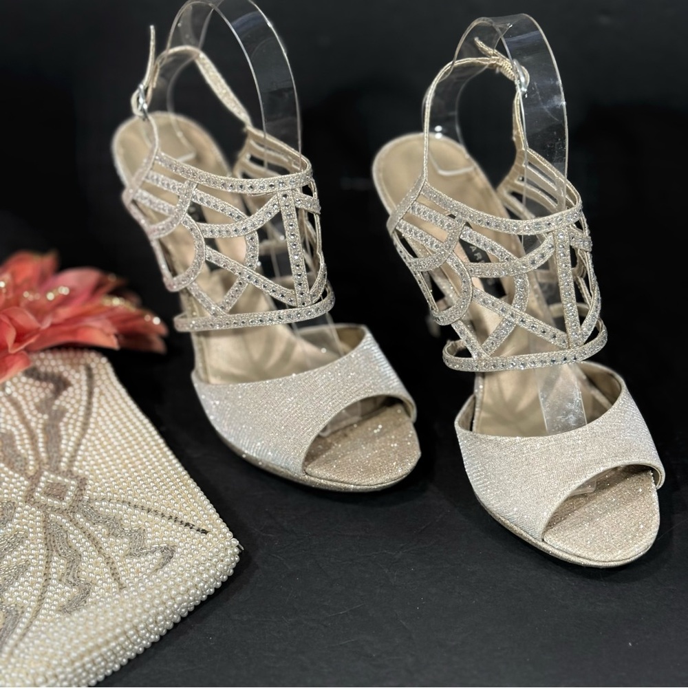 Caparros Gold Silver Rhinestone Open Toe Ankle Strap Strappy 4” Heels Size 7.5 - Picture 4 of 16